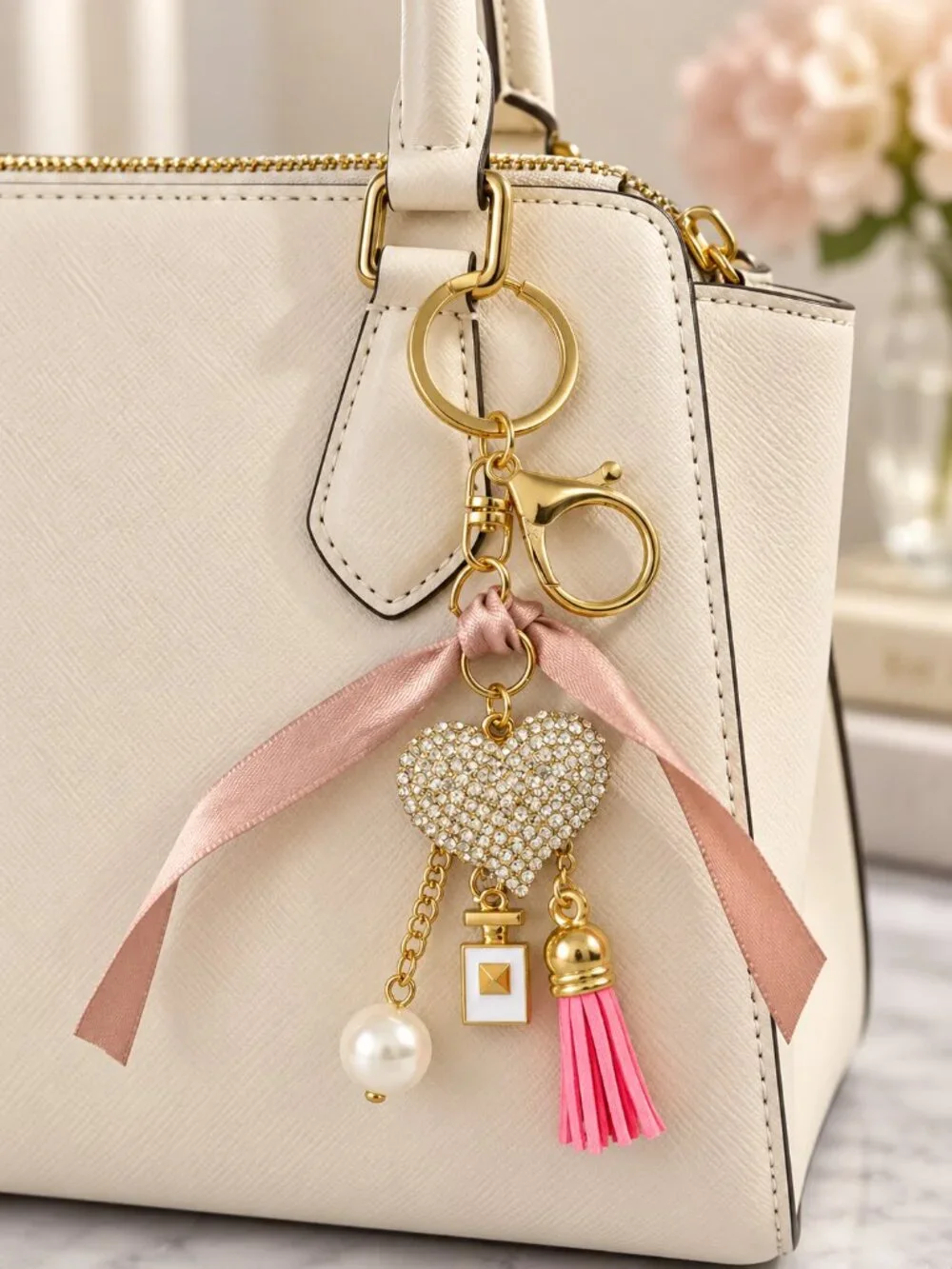 Rhinestone Heart Tassel Keychain Bag Charm| Charms & Co|Gold Tone New on Hangtag